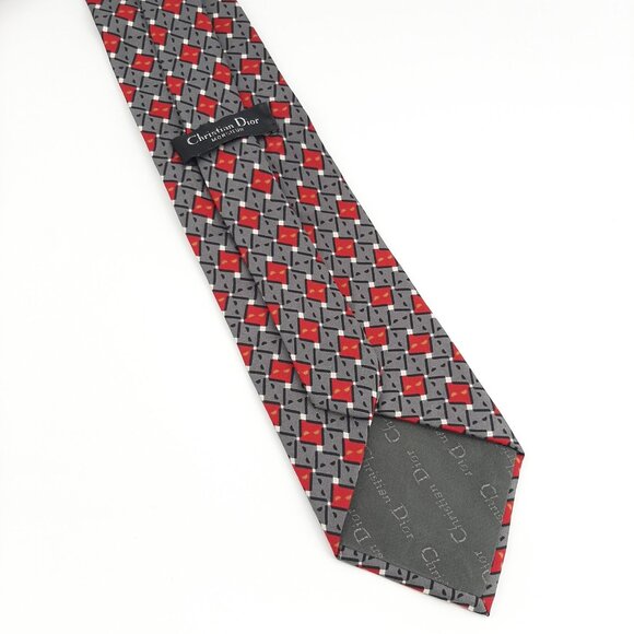 Christian Dior Mens Silk Neck Tie Red Gray Geometric Vintage Luxe 80s Modern - Picture 4 of 5